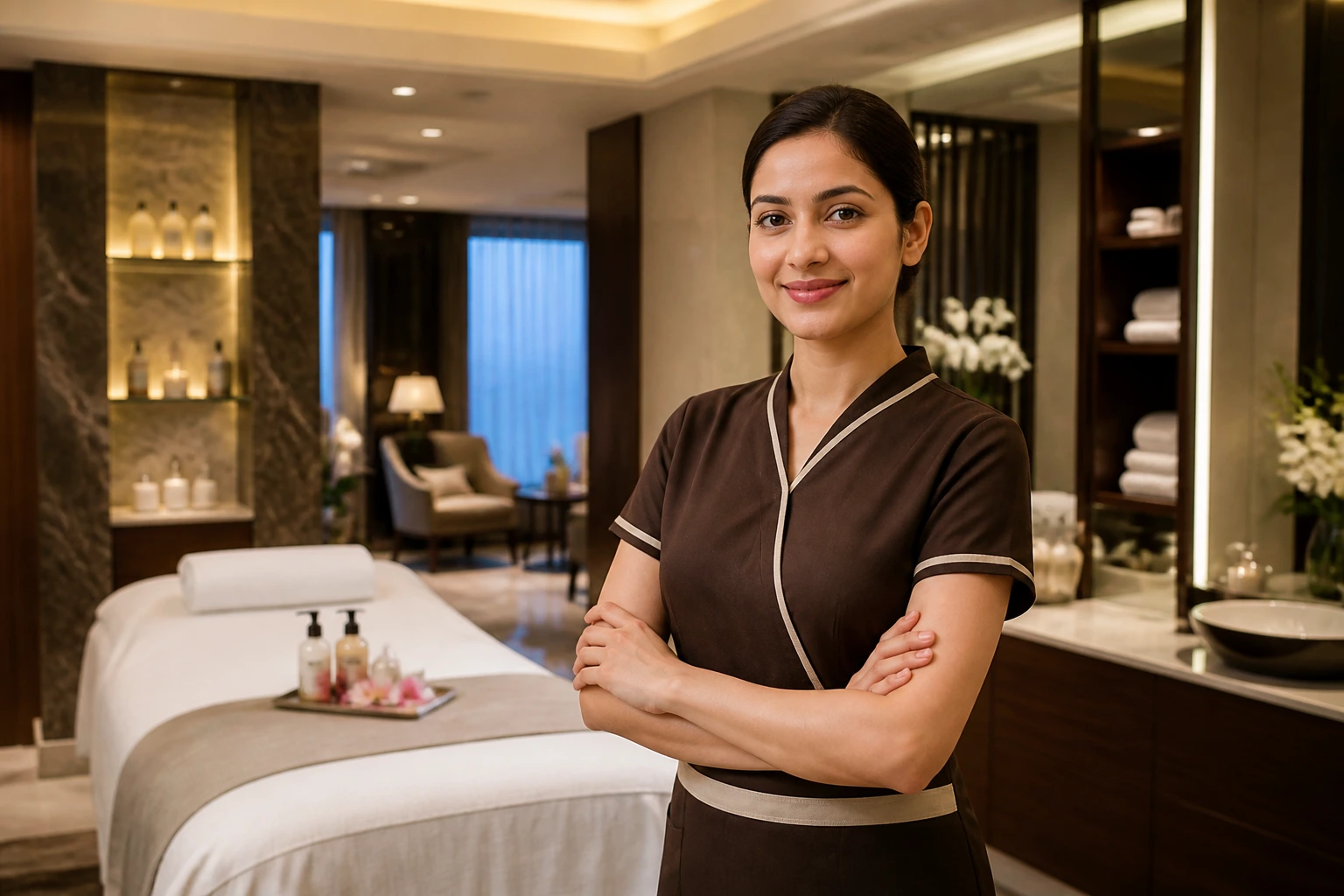 Beauty therapist in a branded hotel spa standing in a luxury treatment area