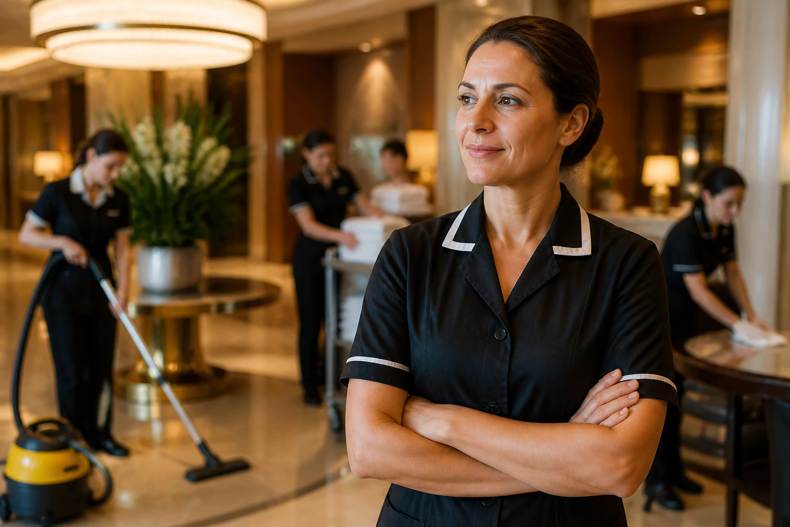 Close-up of a hotel housekeeping supervisor in a busy lobby