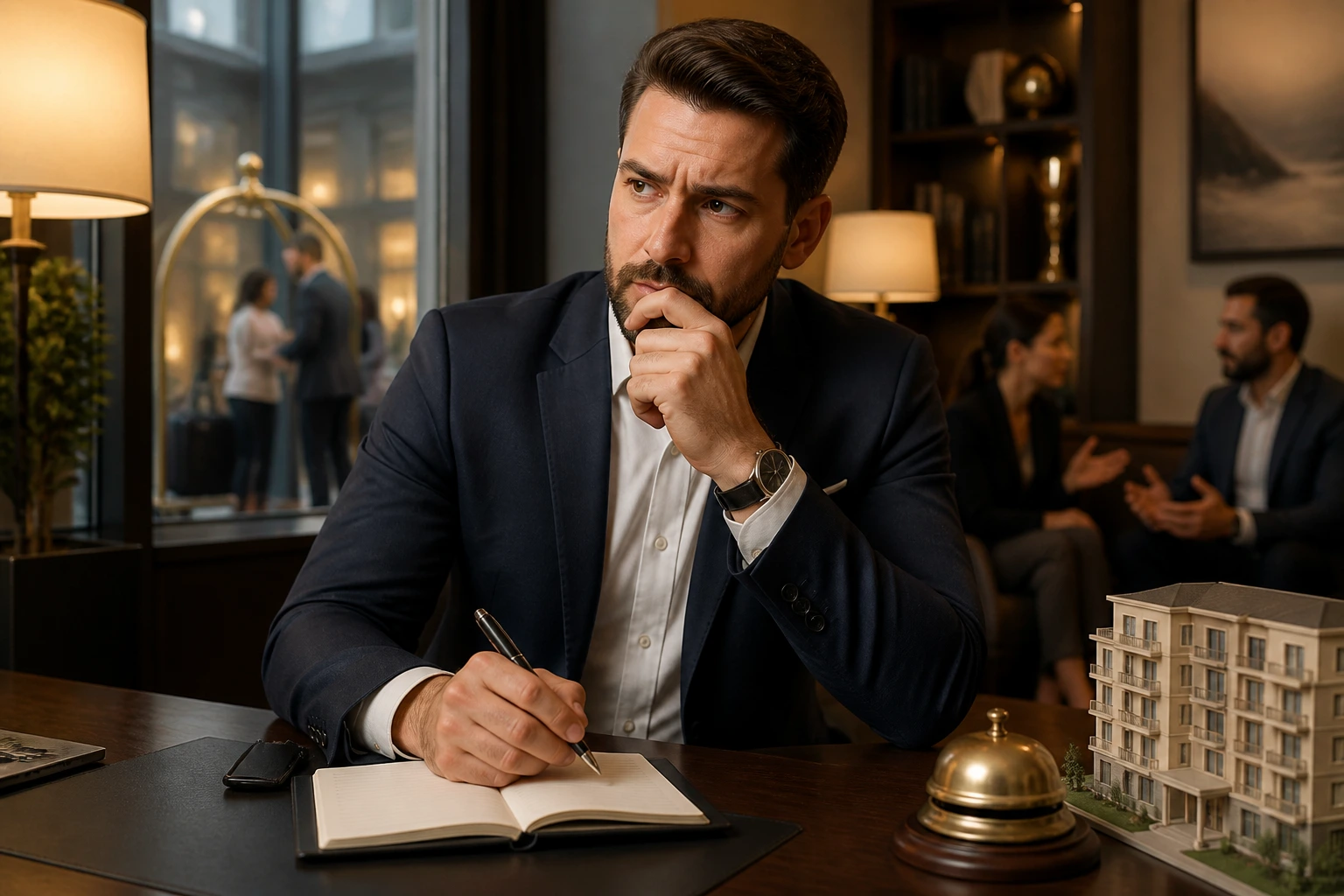 Hotel manager weighing sponsorship decisions in an office