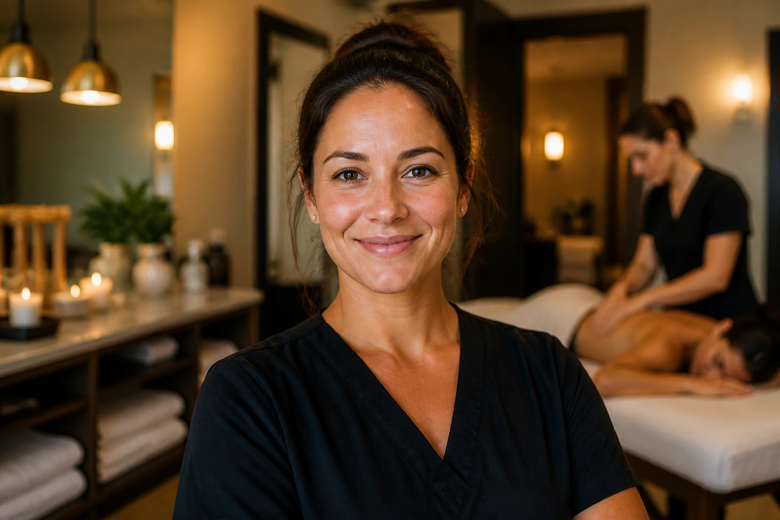 Massage therapist portrait with a busy clinic background