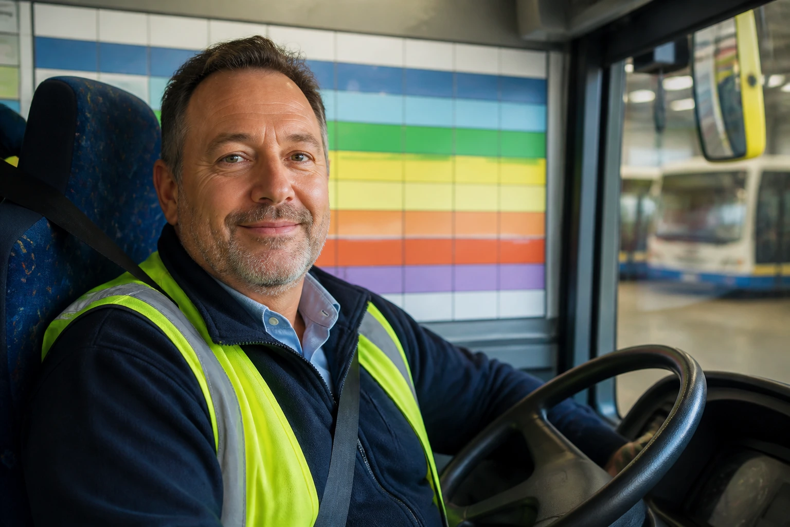 Bus driver in cab with a color-blocked roster backdrop illustrating pay structure