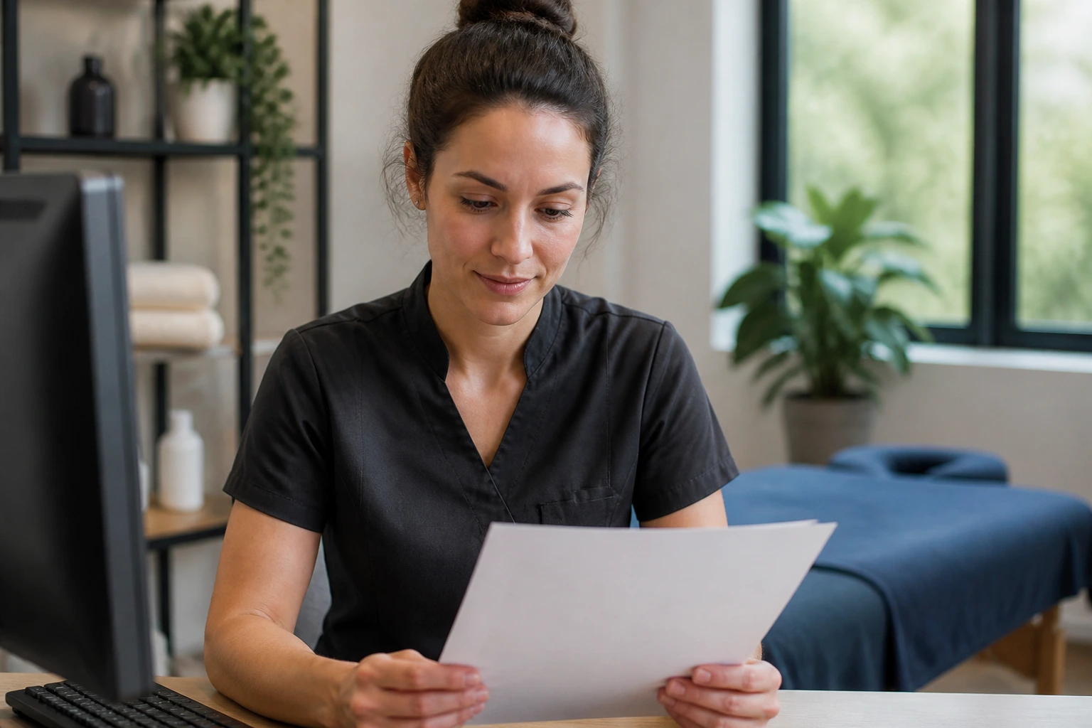 Therapist in a professional office environment contemplating a payslip-like setting without visible numbers