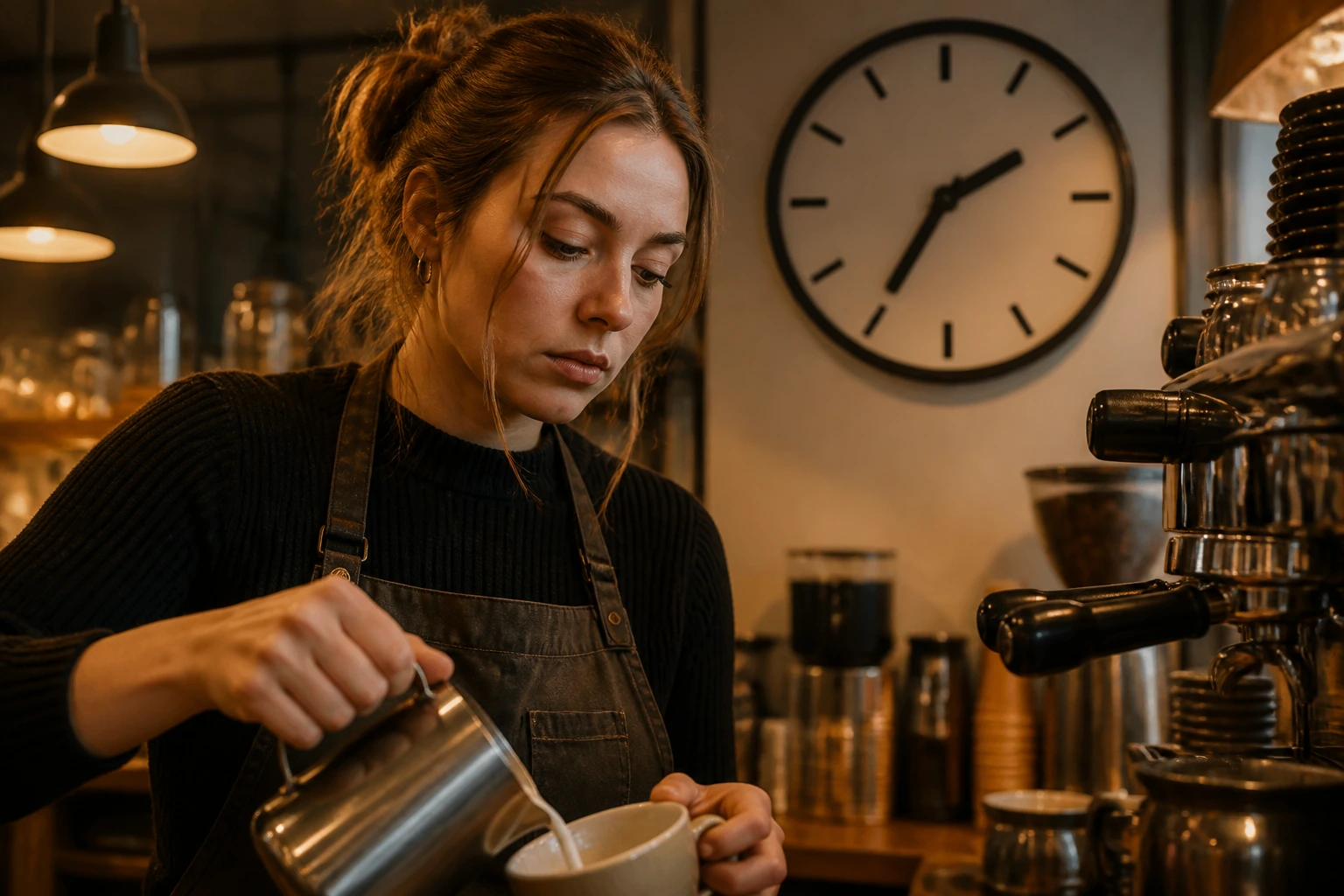 Barista in a cafe with a clock behind showing time, illustrating hours and scheduling realities