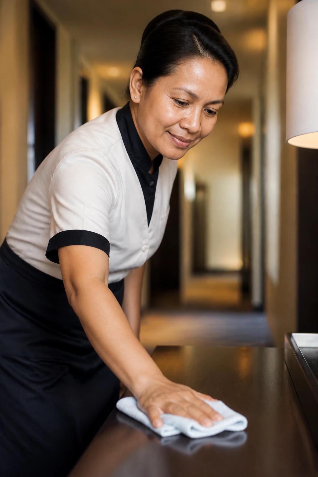 Close-up of a hotel housekeeper cleaning a surface with a microfiber cloth in a corridor