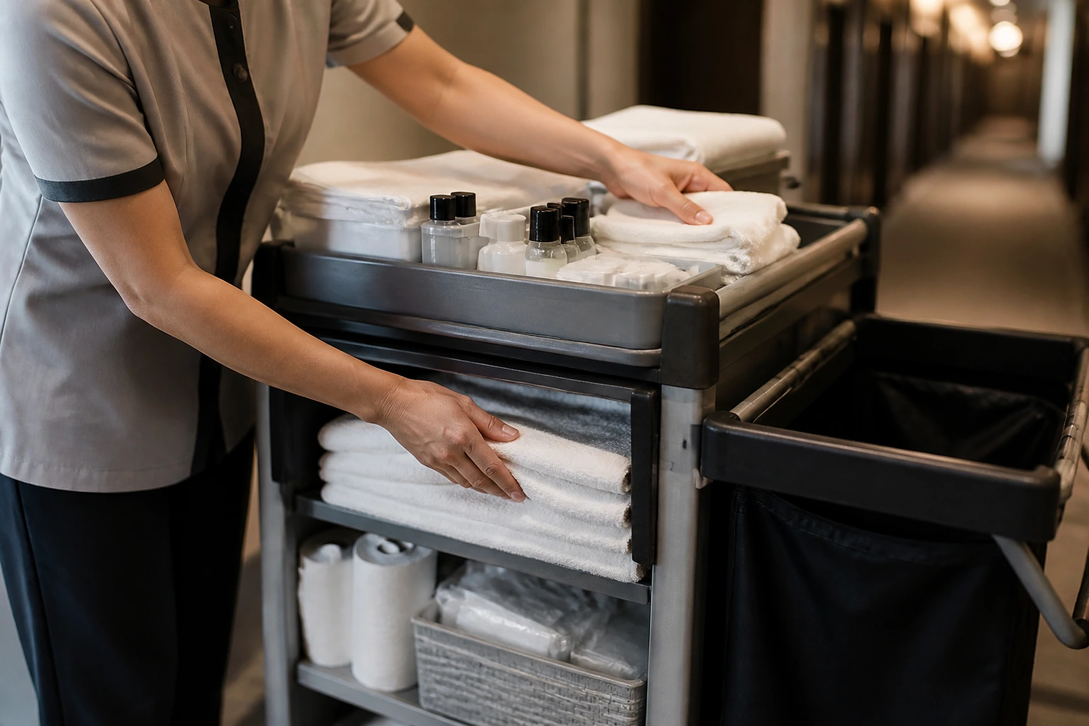 Close-up of a hotel housekeeper's hands adjusting a supply cart in a hallway