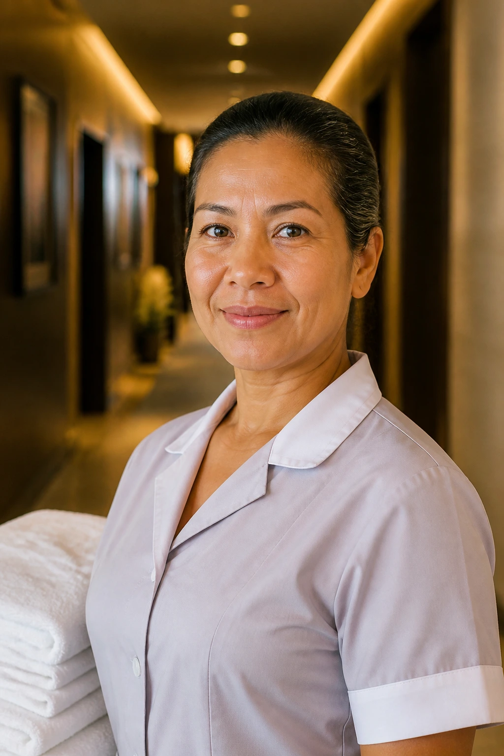 Close-up portrait of a housekeeper in uniform in a hotel corridor