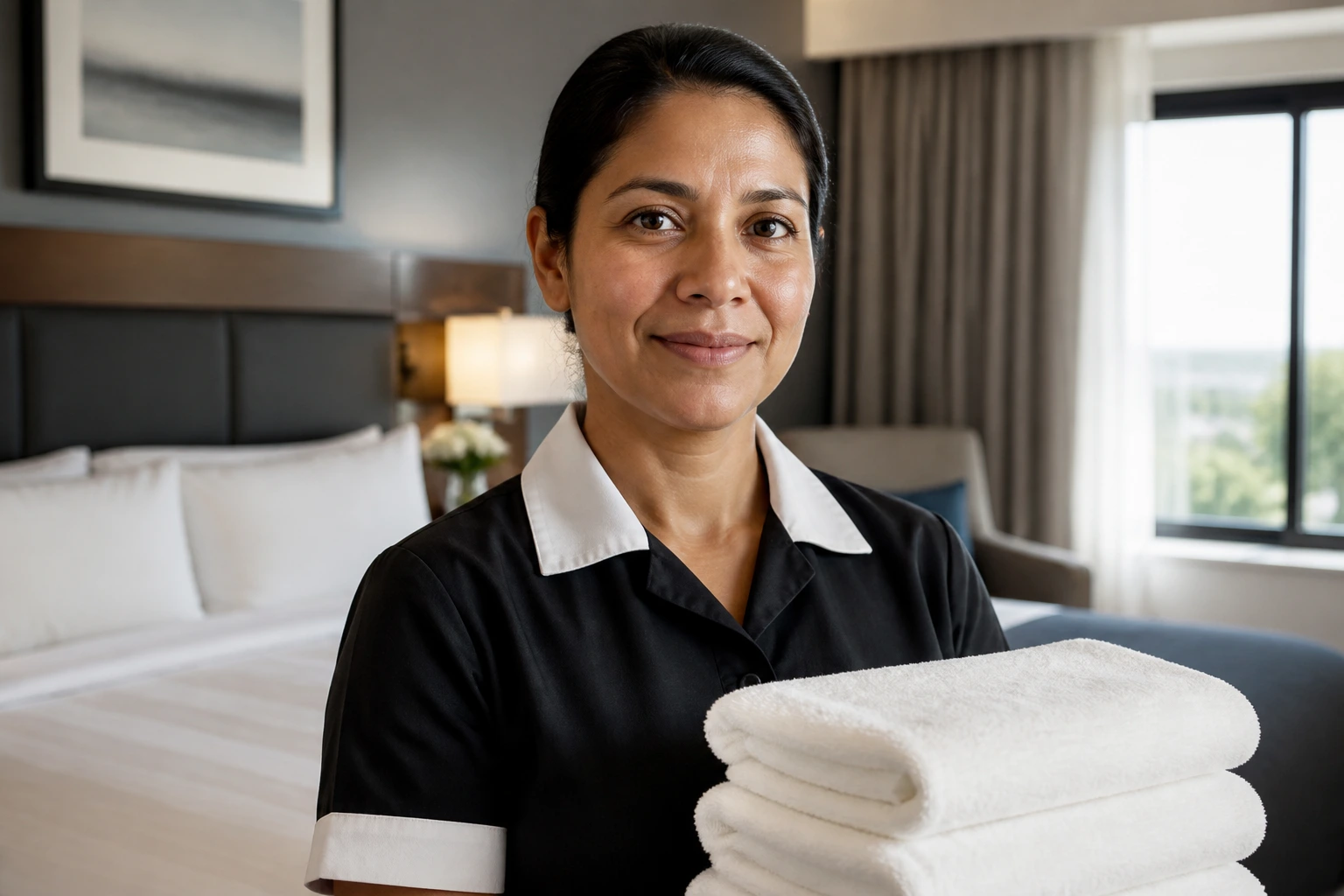 Portrait of a calm, reliable hotel housekeeper in a tidy room