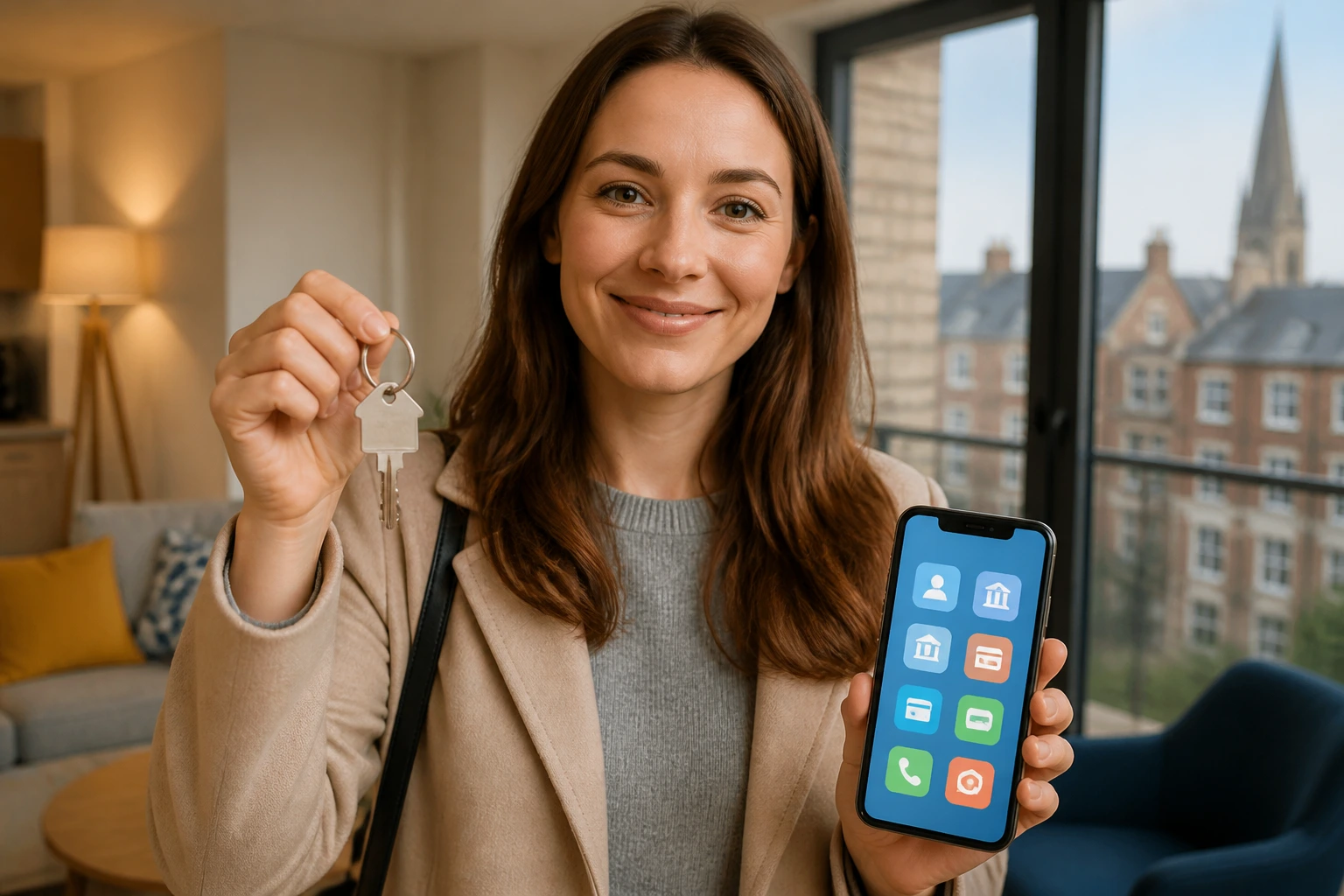 Medium close-up of a teacher with keys and a smartphone in a UK apartment, illustrating housing and banking logistics