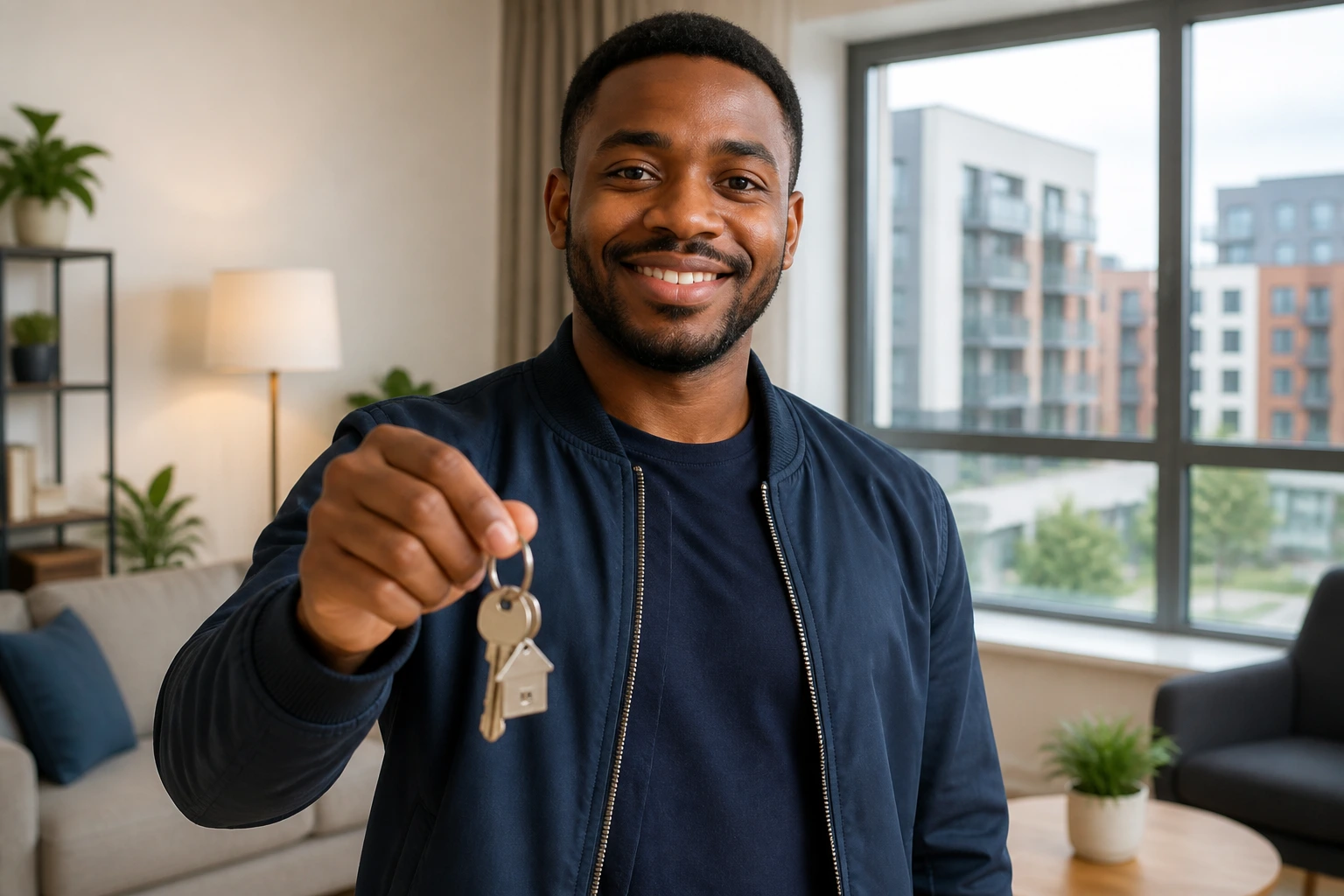 Person in a modern apartment holding keys, contemplating housing options