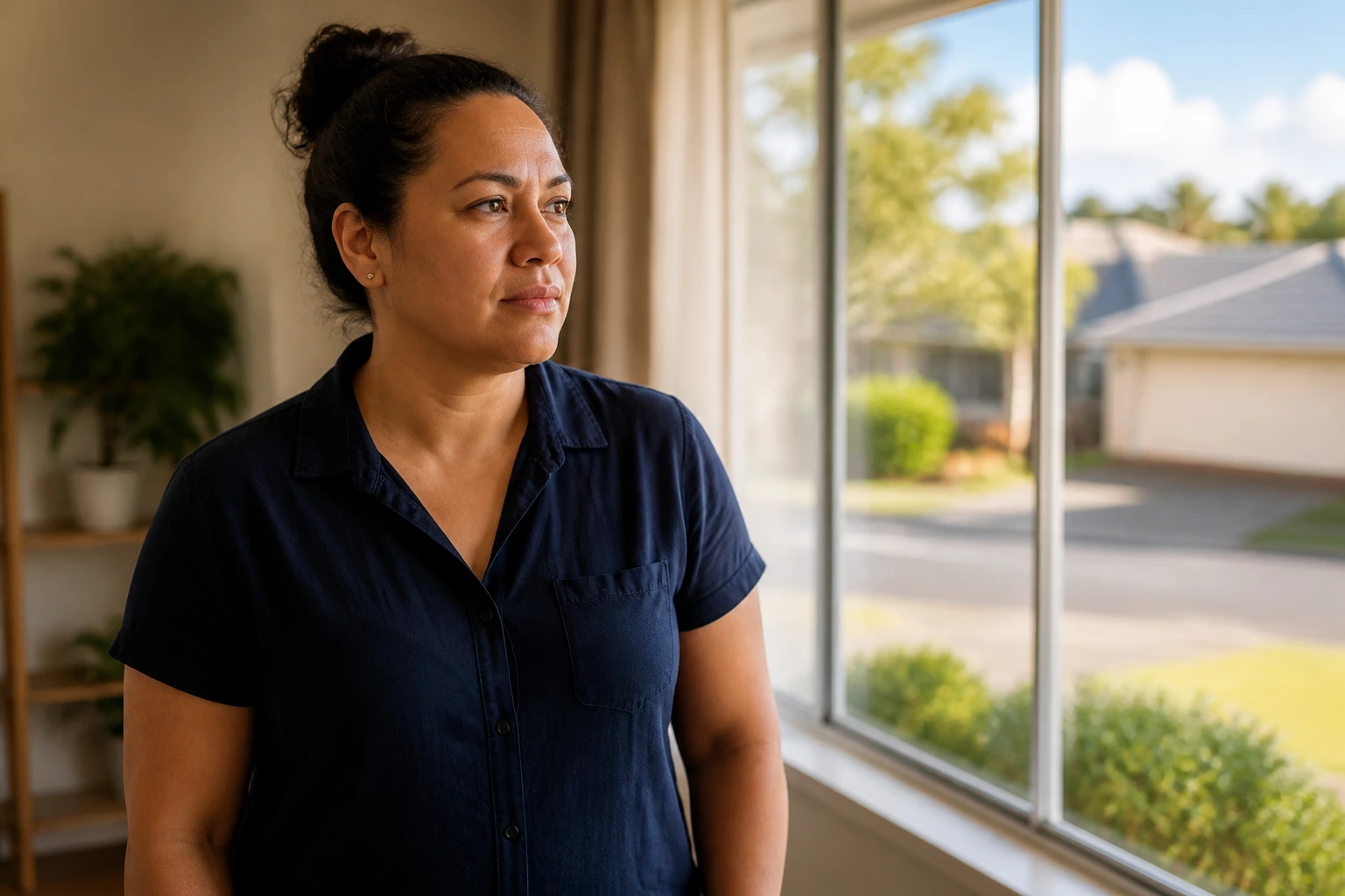 Thoughtful person in living room considering housing and family logistics