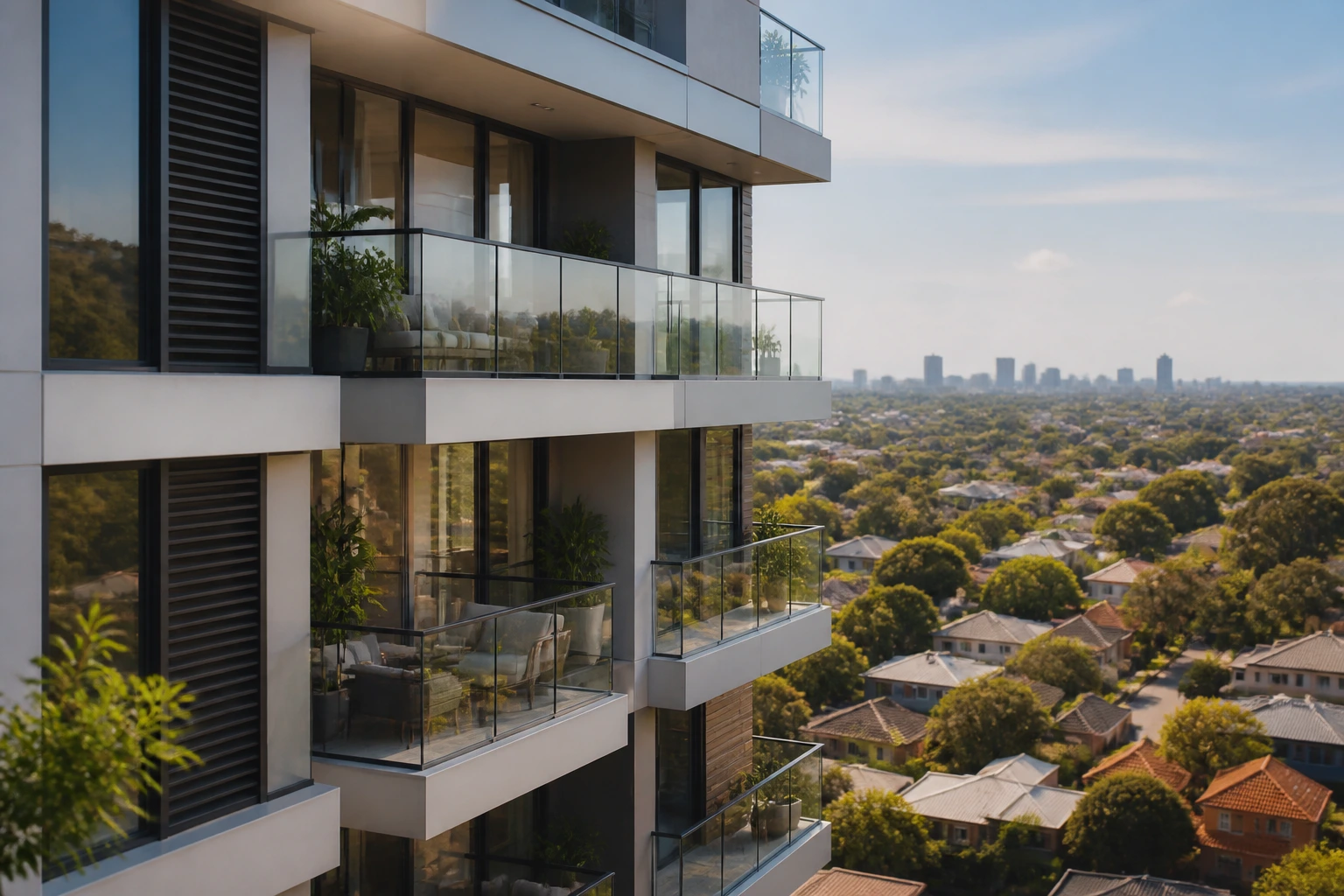 Close-up of a modern apartment building representing housing costs and relocation decisions