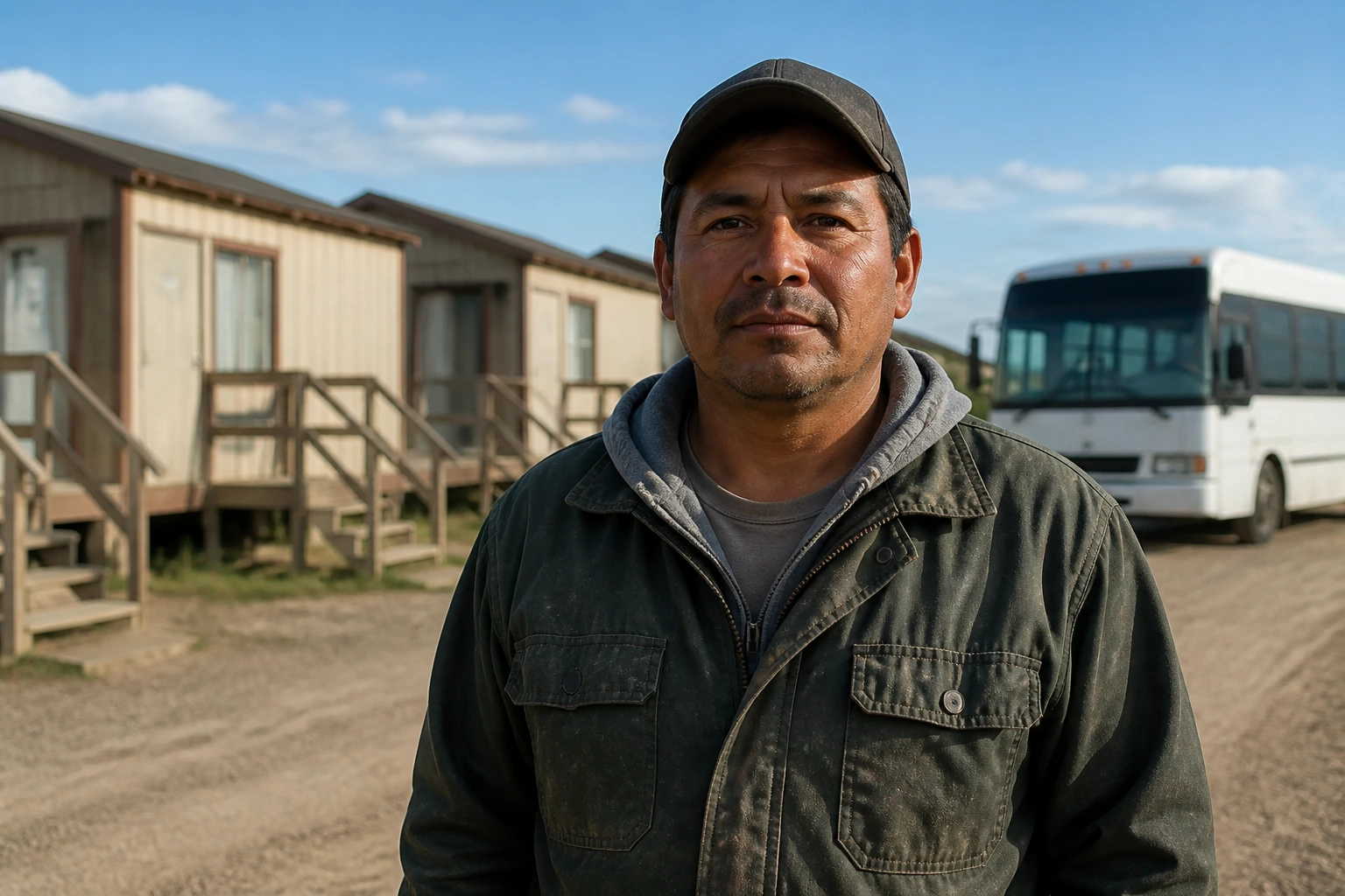 Farmworker in front of dorm-style housing with a bus, illustrating housing and transportation provisions for H-2A workers.