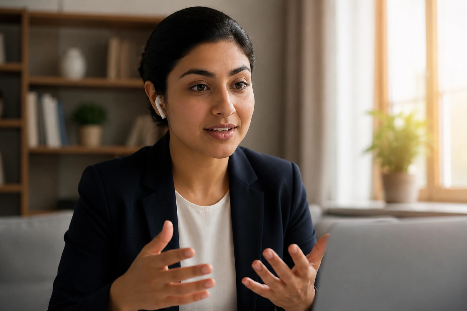 Professional on video call asking about relocation in a calm, direct manner.