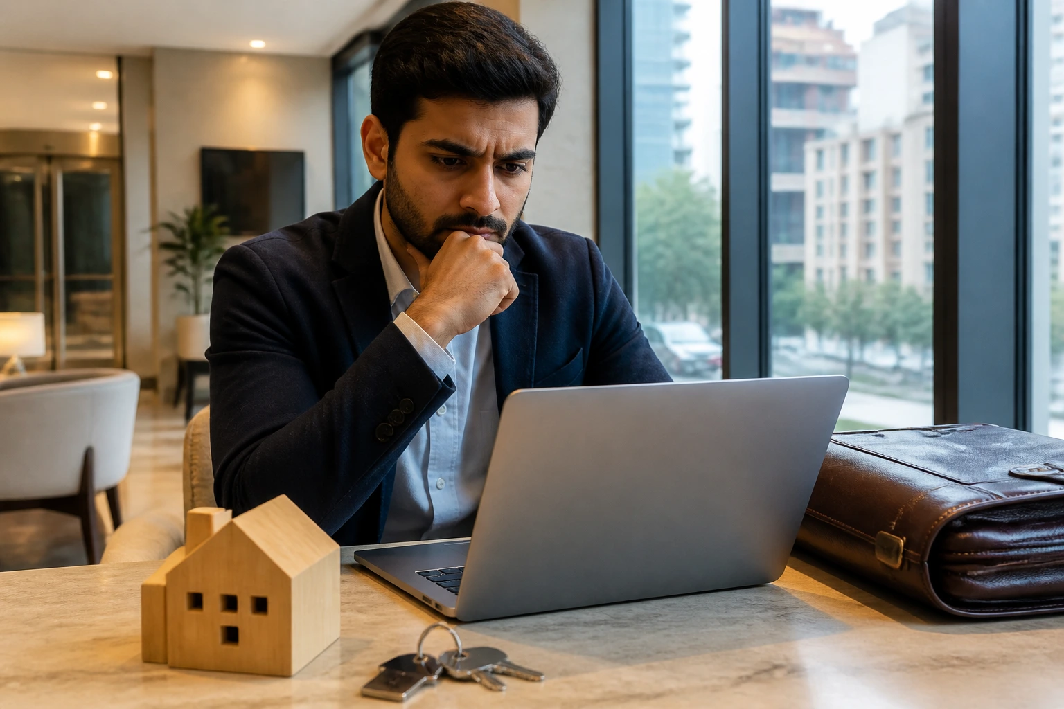 Professional at desk with keys and laptop representing relocation hurdles