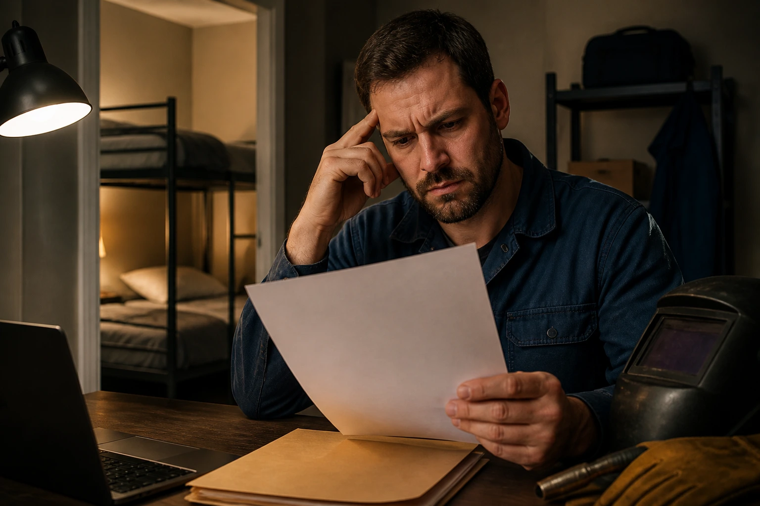 Person looks skeptical at housing contract in a home office