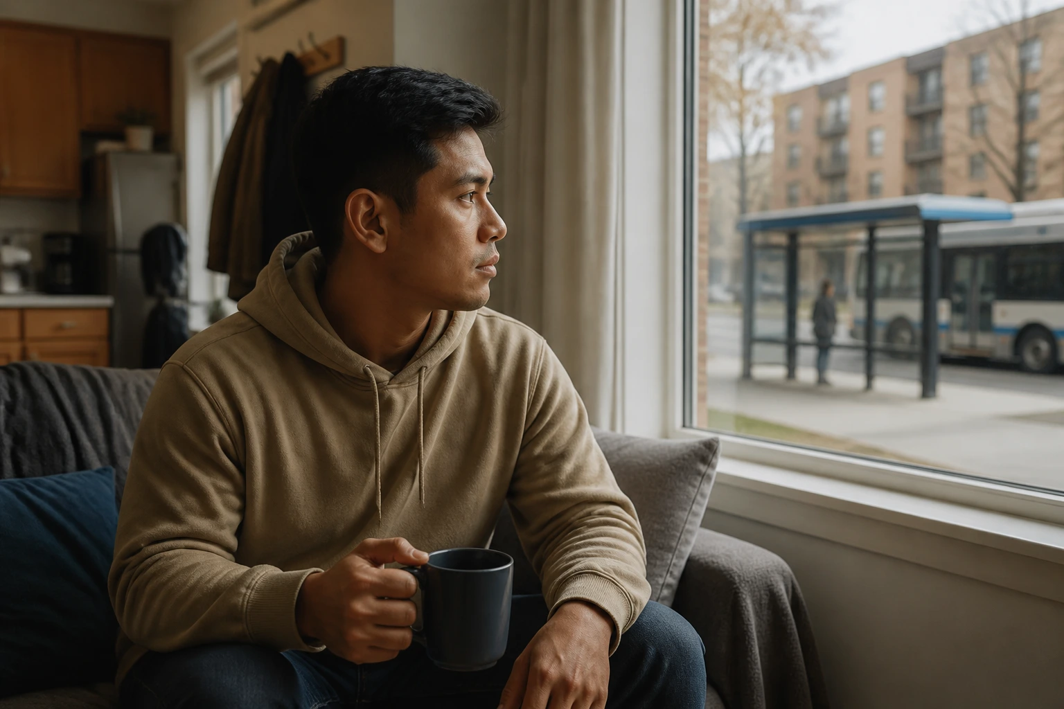 Portrait of a person in a modest apartment showing housing and daily life after arrival