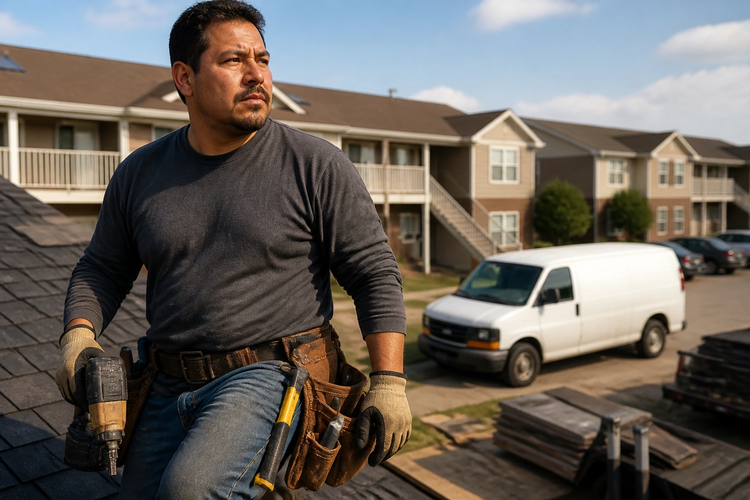 Roofer on site with tool belt and background showing housing and transport options