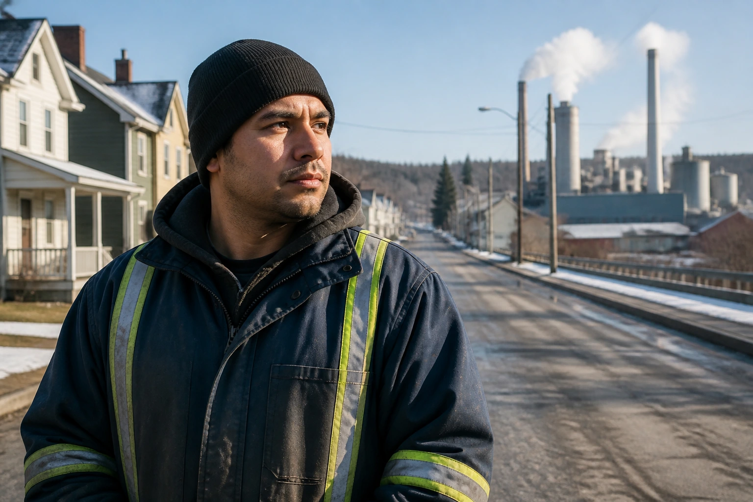 Factory worker on a small-town street with distant plant backdrop