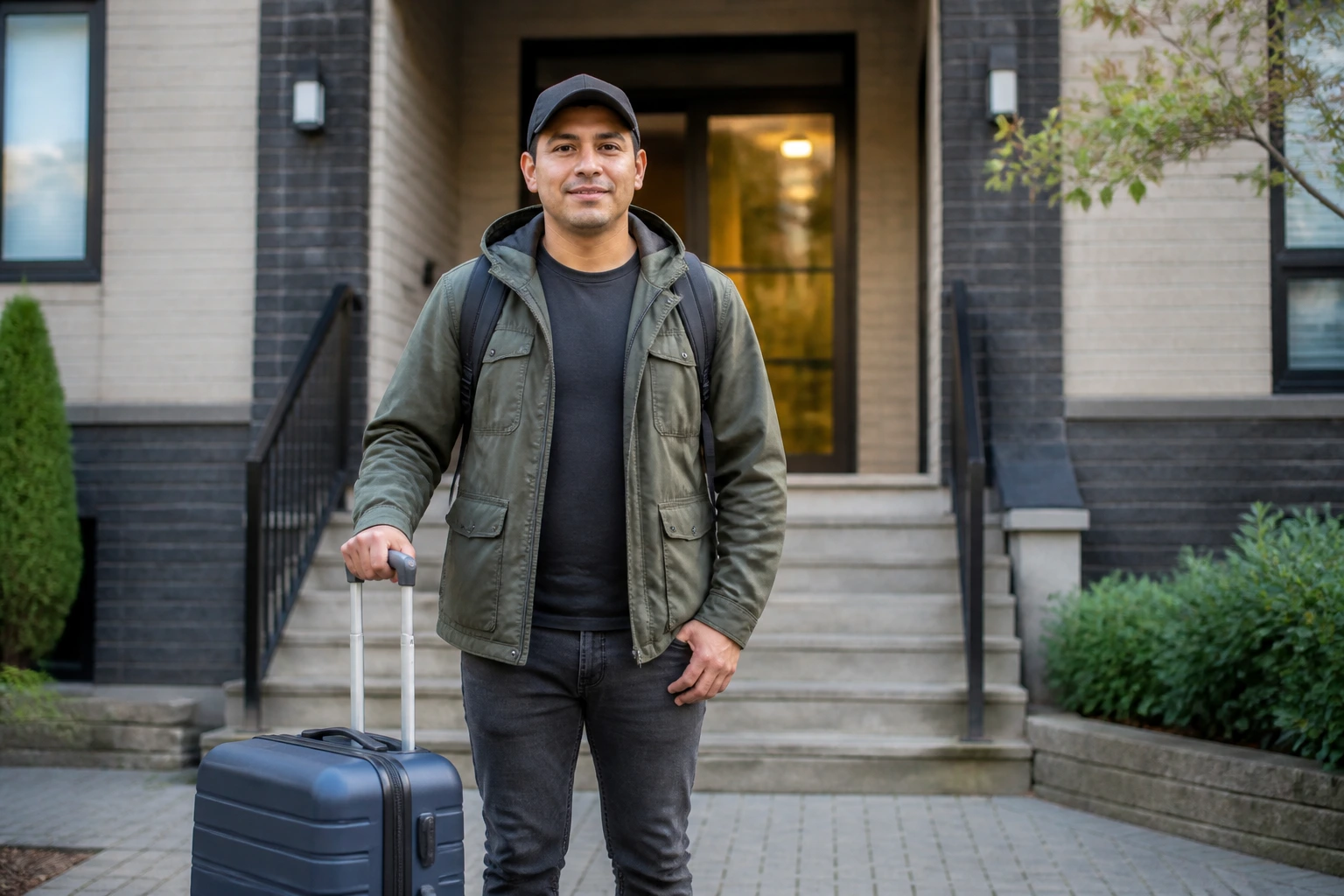 Portrait of a newcomer with a suitcase at a housing entrance in Canada