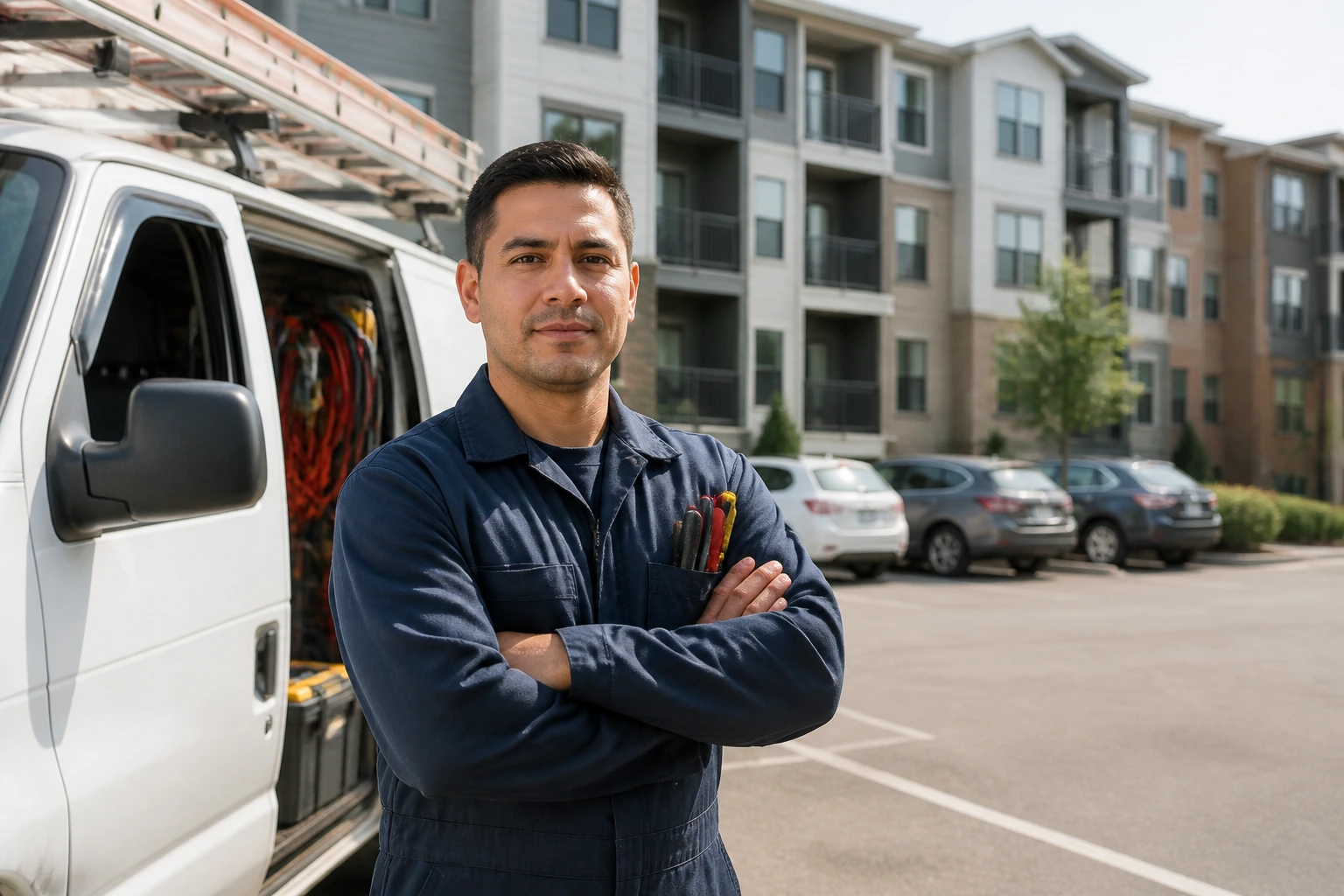 Maintenance worker in uniform beside a company van with residential building background