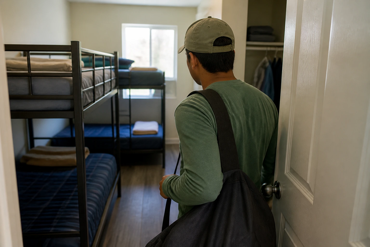 Person entering a shared bunkroom with bunk beds in a housing area.