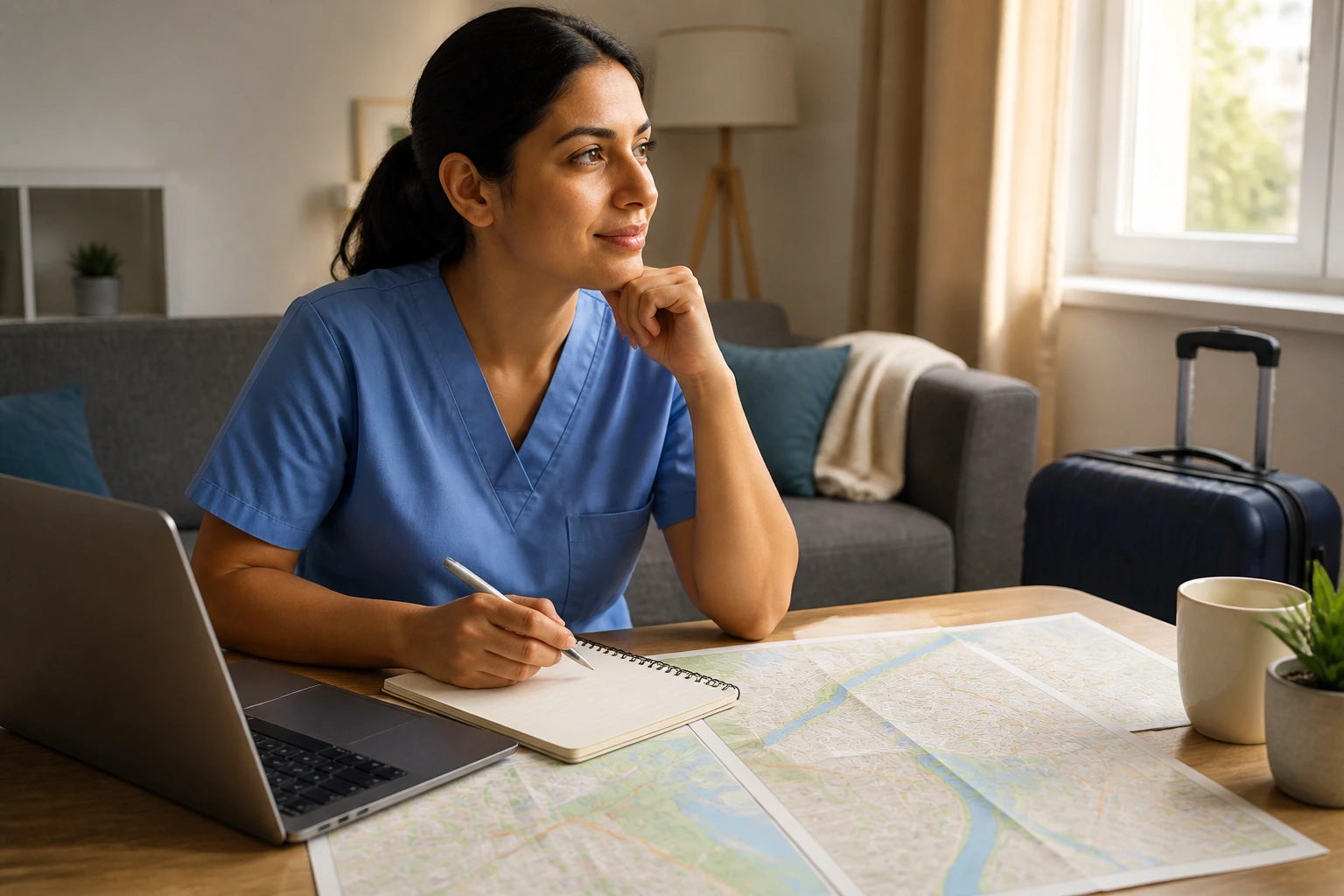 Person planning housing and life admin in temporary UK accommodation