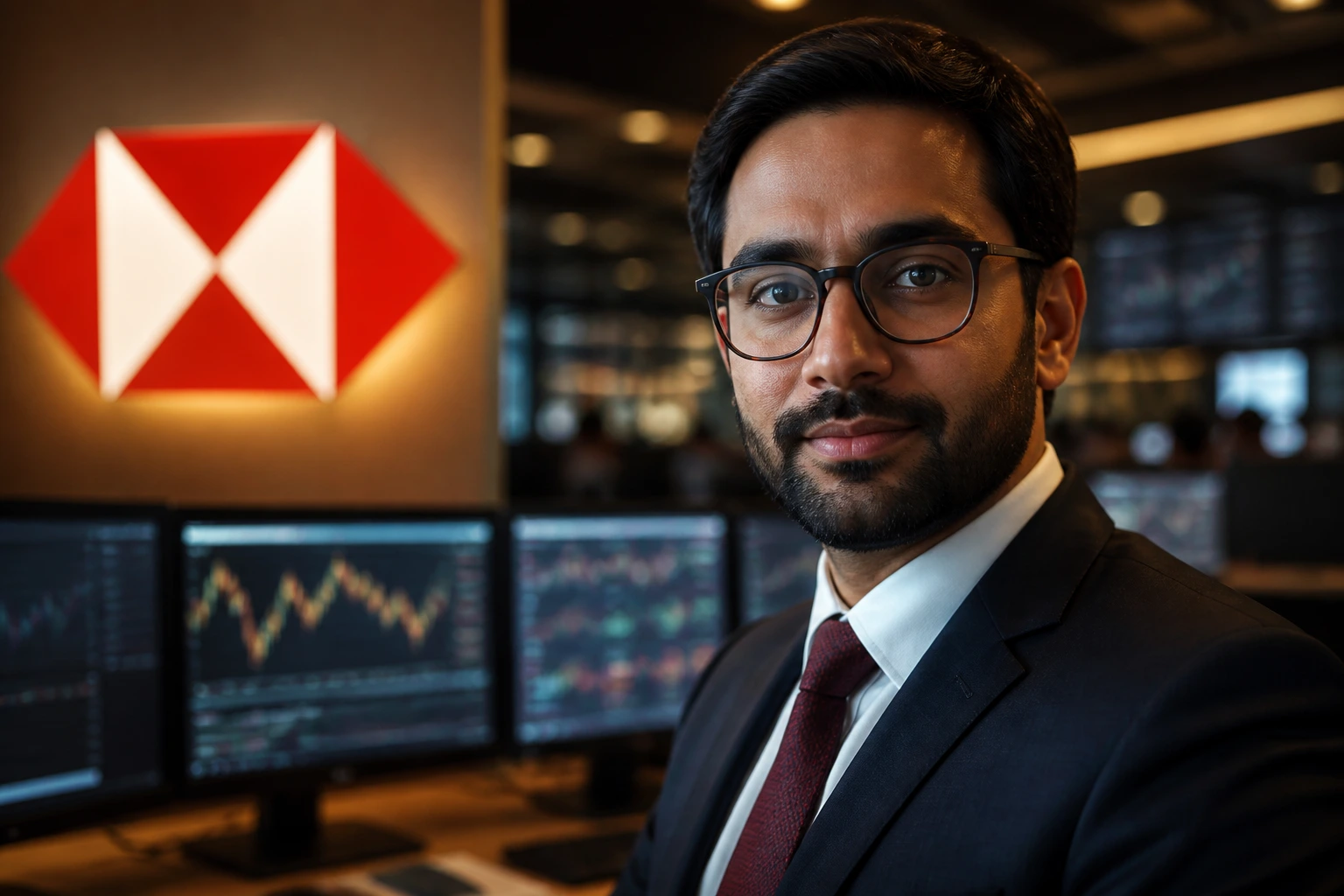 Close-up portrait of a risk manager in a banking tech suite, representing HSBC sponsorship