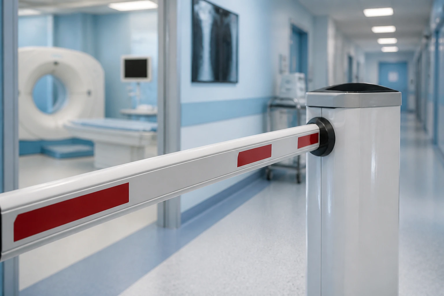 Close-up barrier gate in a hospital radiology corridor symbolizing common hurdles