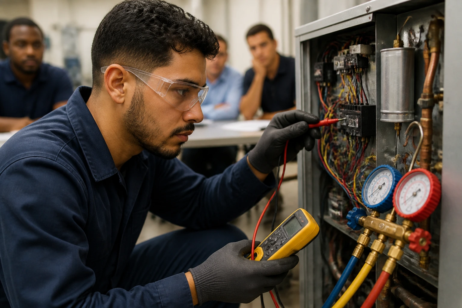 Close-up of a person performing HVAC diagnostic task in a workshop