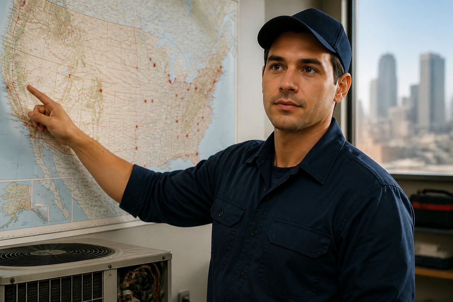 HVAC technician in front of a map background