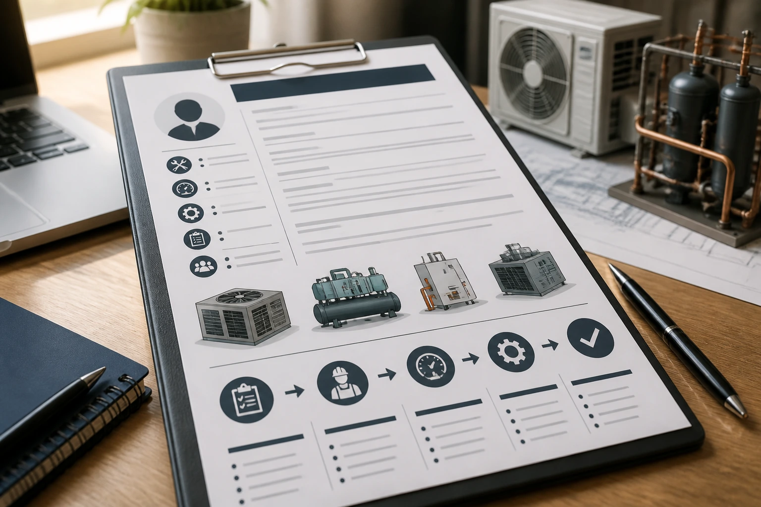 Close-up of an HVAC resume layout with icons on a desk, no text visible