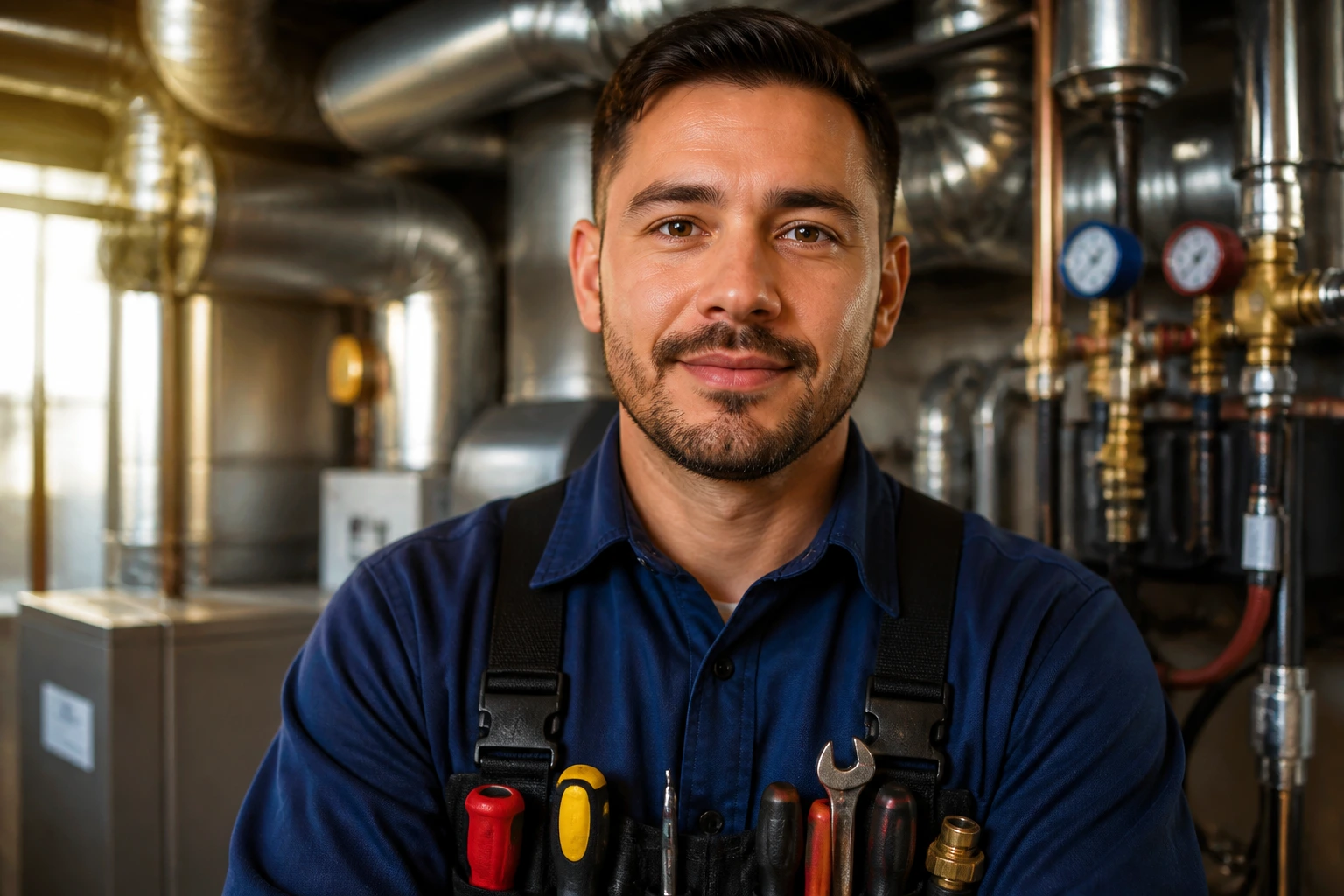 Close-up portrait of HVAC technician in a mechanical room