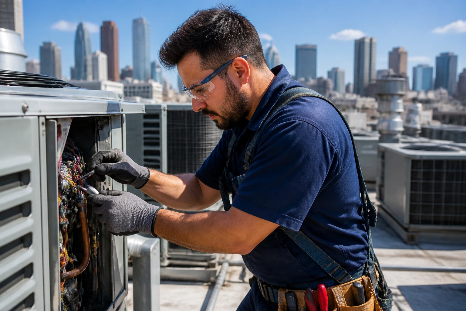 HVAC technician on a rooftop performing service