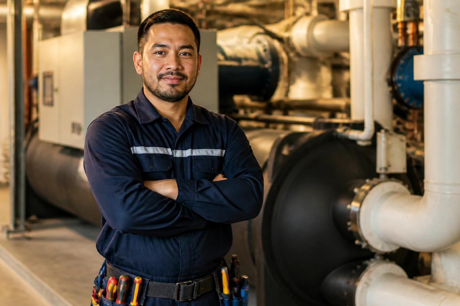 HVAC technician in plant room performing fault checks