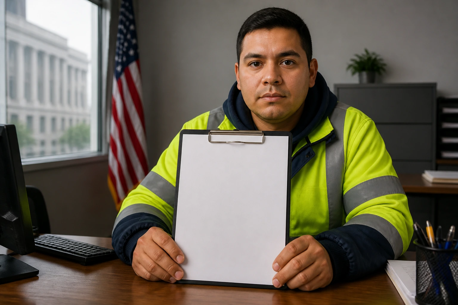 Portrait waiting for immigration processing with blank clipboard