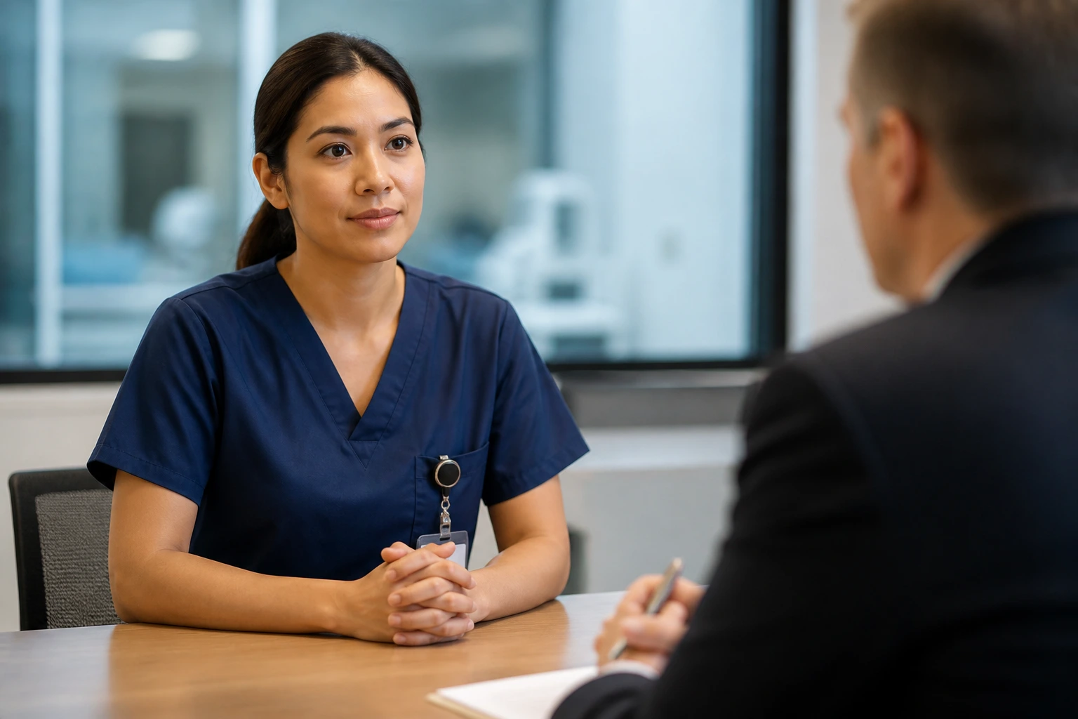 ICU nurse in a hospital interview setting with a calm focused expression