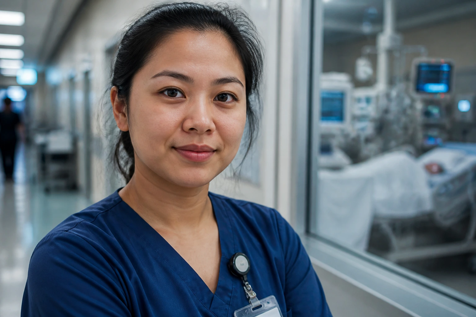 Close-up portrait of a foreign ICU nurse in scrubs in a hospital unit corridor