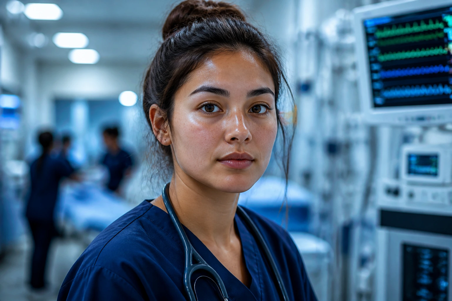 Close-up ICU nurse portrait illustrating clinical competency and cultural adjustment in a hospital ICU corridor
