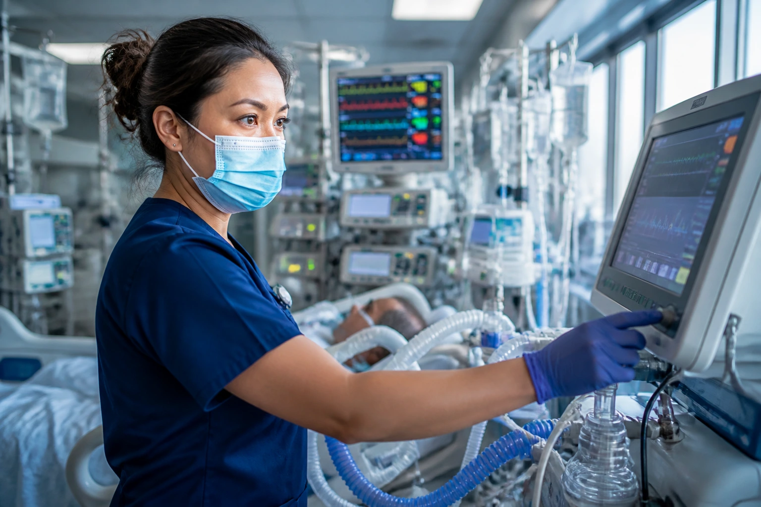 Close-up ICU nurse on the floor of a busy ICU with ventilator and monitors.