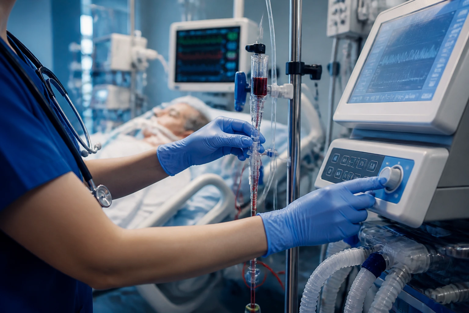 Close-up of ICU nurse hands adjusting arterial line and ventilator in a high-acuity setting.