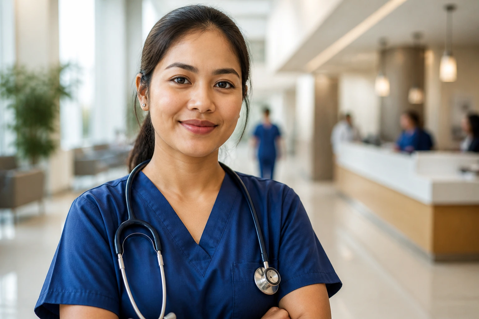 Portrait of a foreign ICU nurse in scrubs in a hospital corridor, ready for sponsorship discussions
