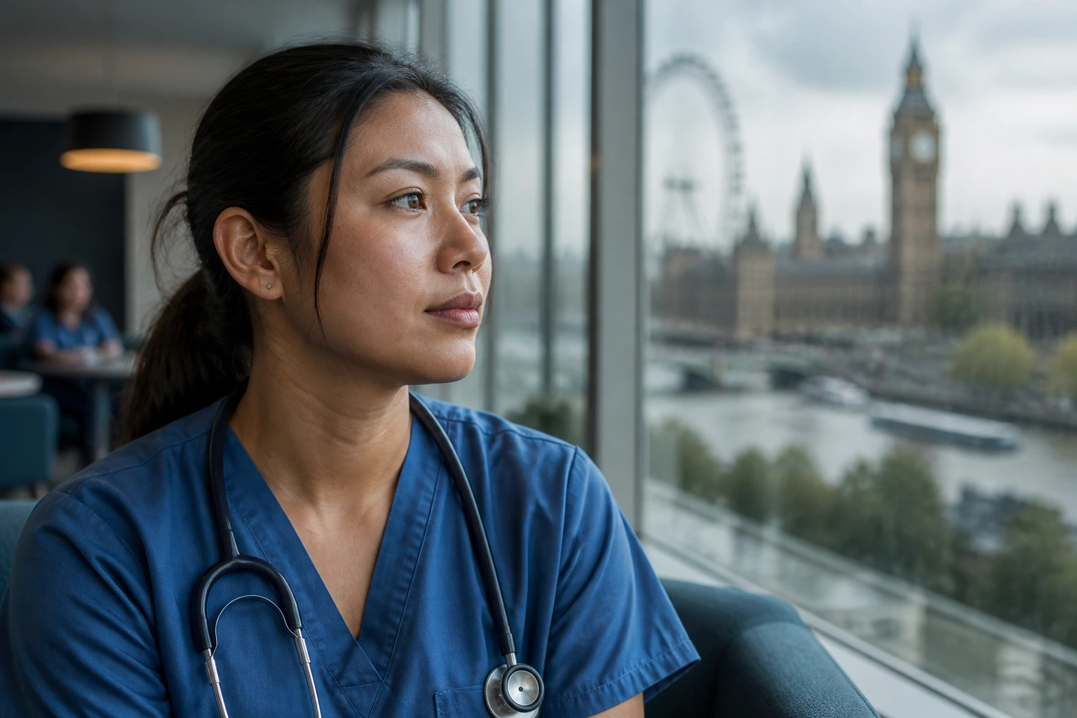 Close-up of a UK ICU nurse in NHS scrubs in a hospital lounge, thoughtful about cultural adjustment.