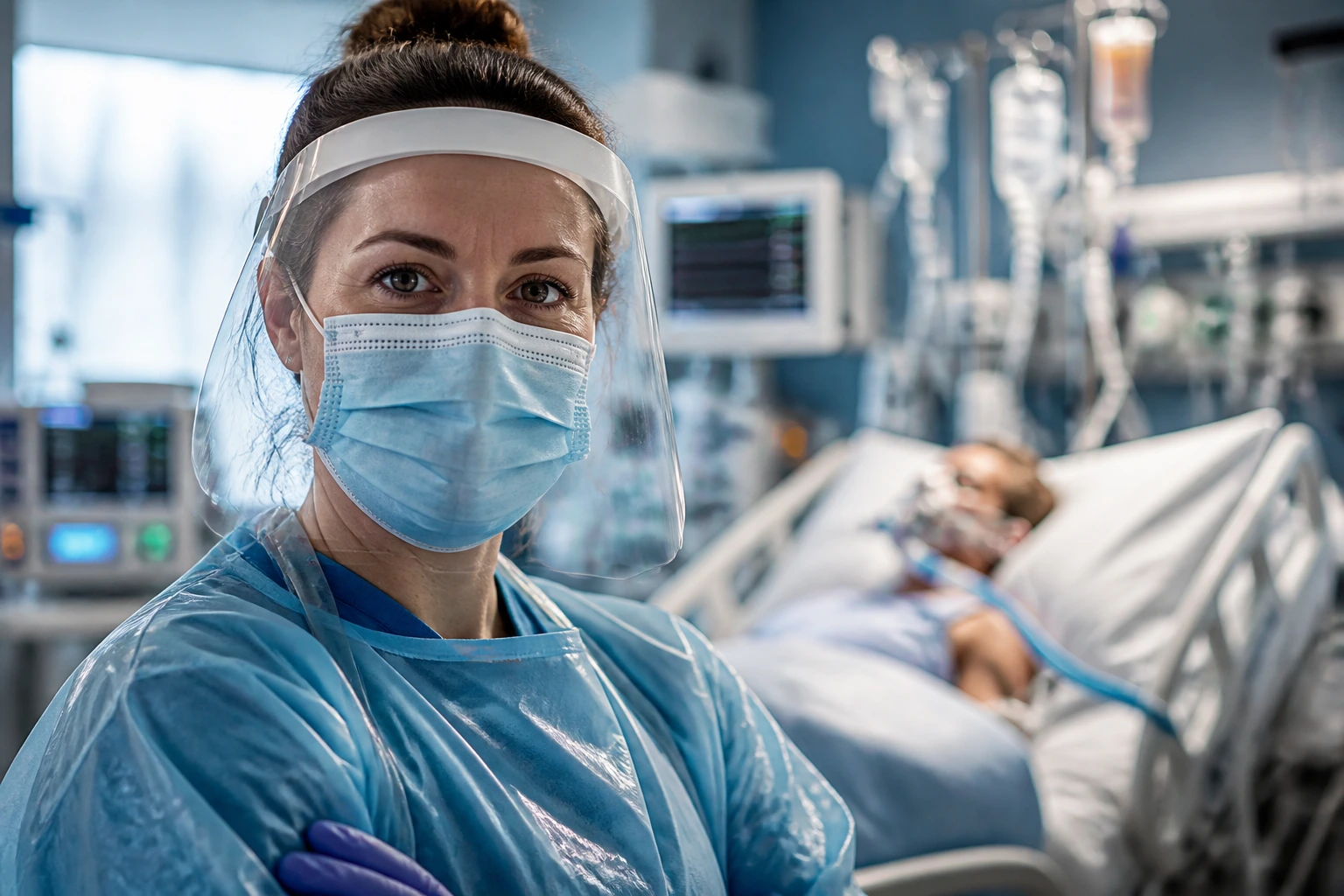 Close-up portrait of an ICU nurse in PPE in a UK hospital ICU