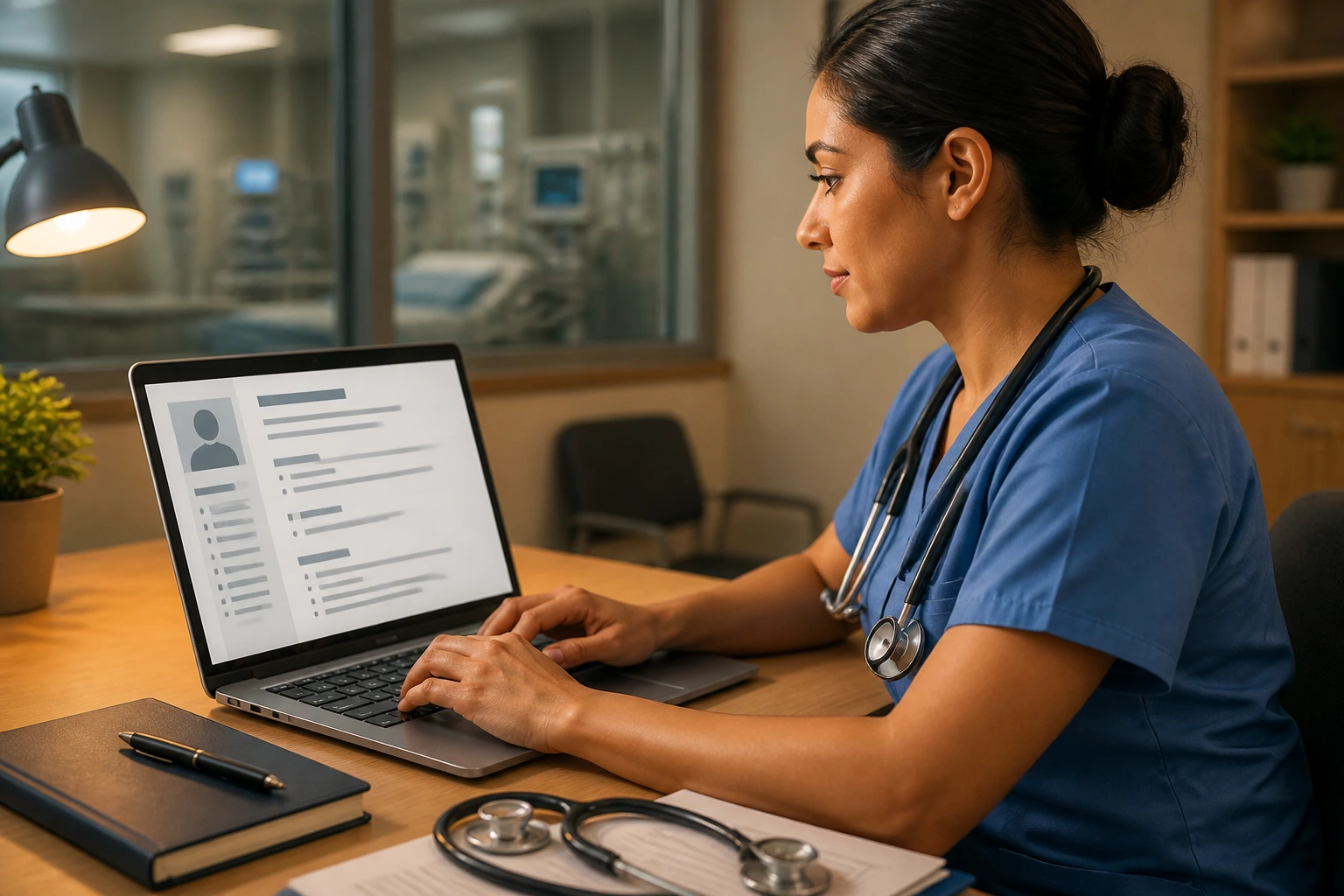 ICU nurse typing on a laptop in a hospital office, resume-focused scene