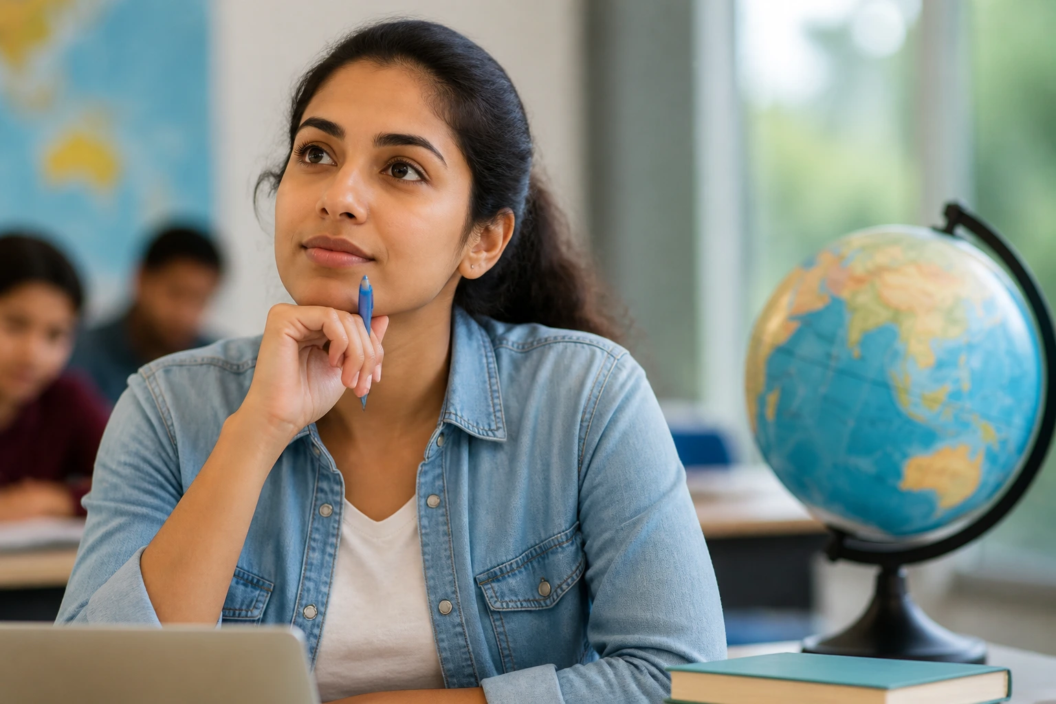 Person in a classroom exploring pathways to working in Canada with a globe in view