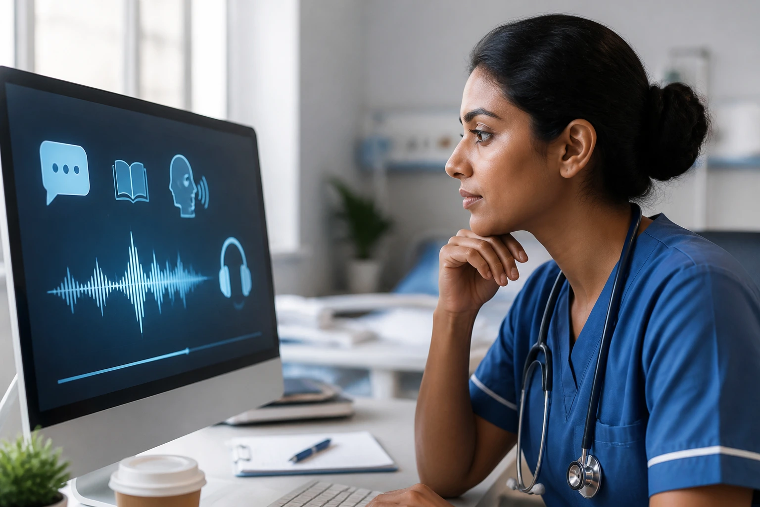Nurse studying language interface on computer for English requirement