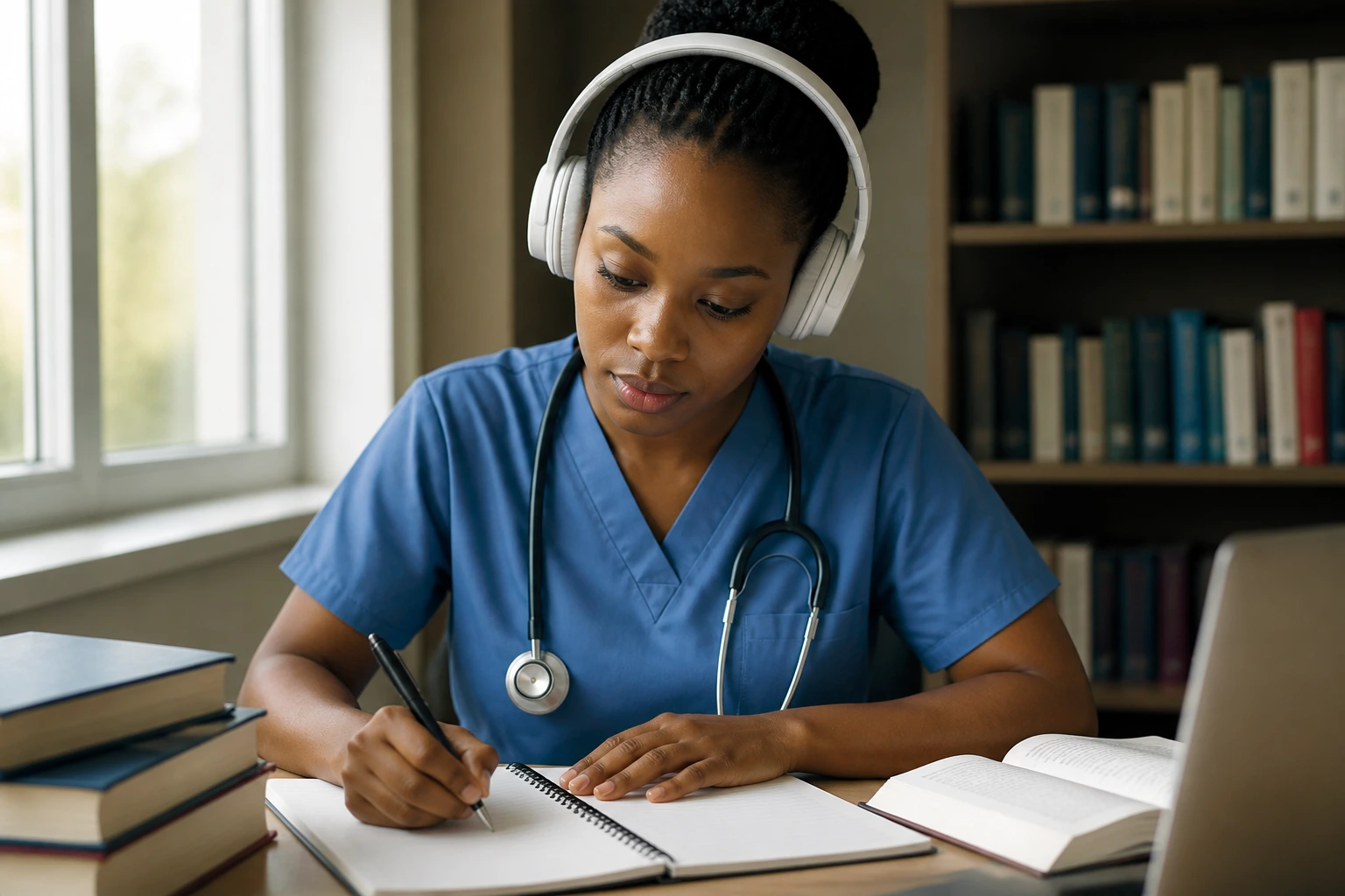 Nurse studying English language readiness with headphones and blank notebook in a calm study space