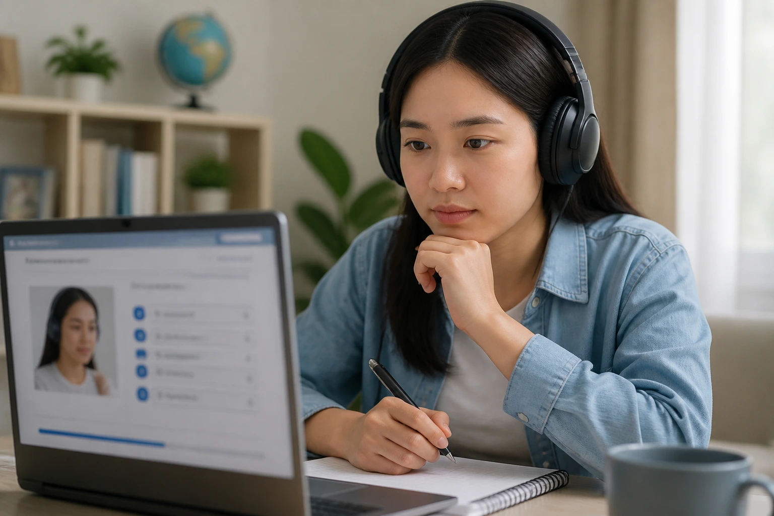 Person studying English test online at a desk in a home office