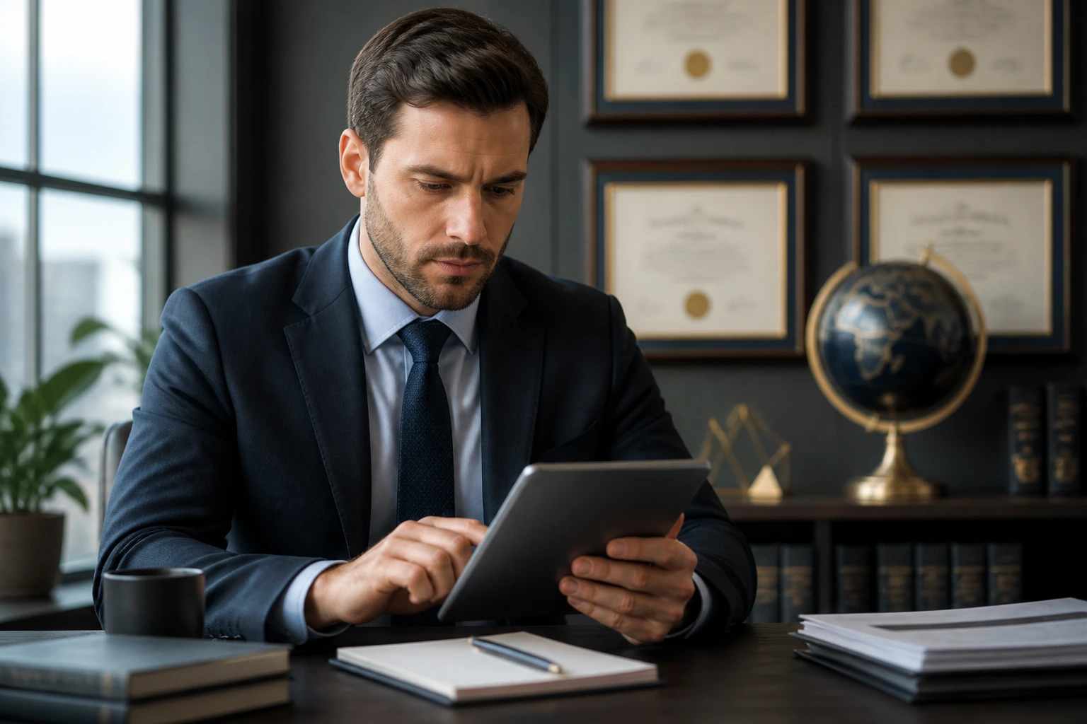 Actuary reviewing standards in a modern office