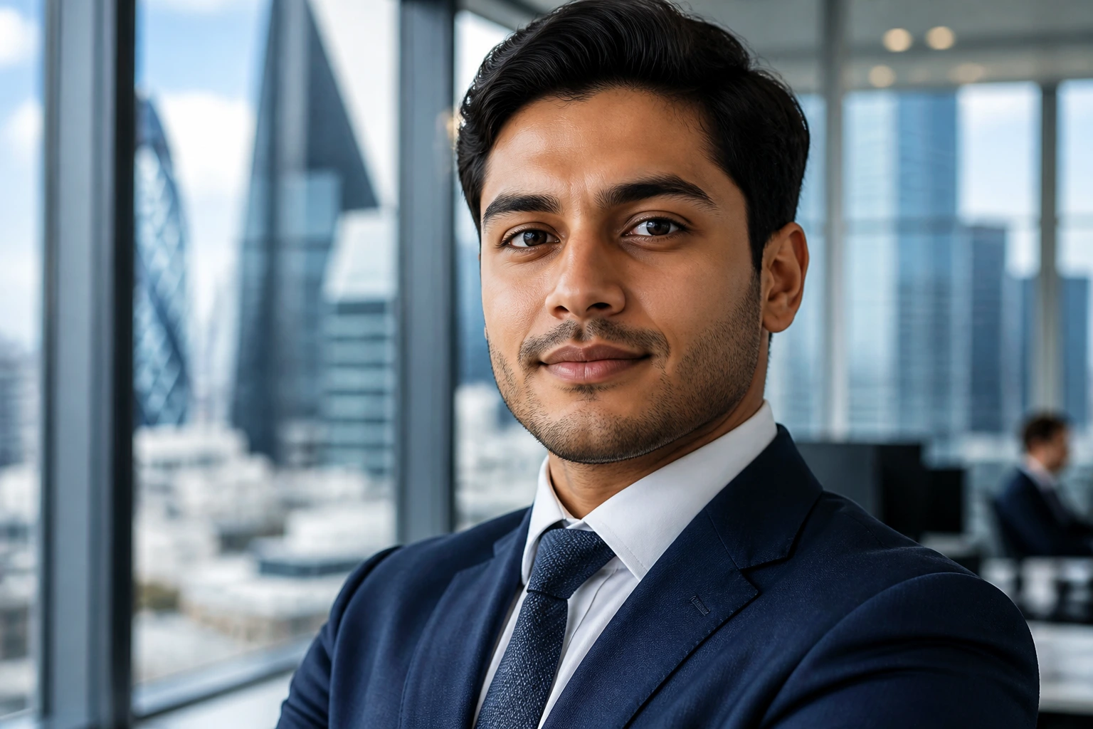 Close-up portrait of a professional in a suit symbolizing Indefinite Leave to Remain in a UK office